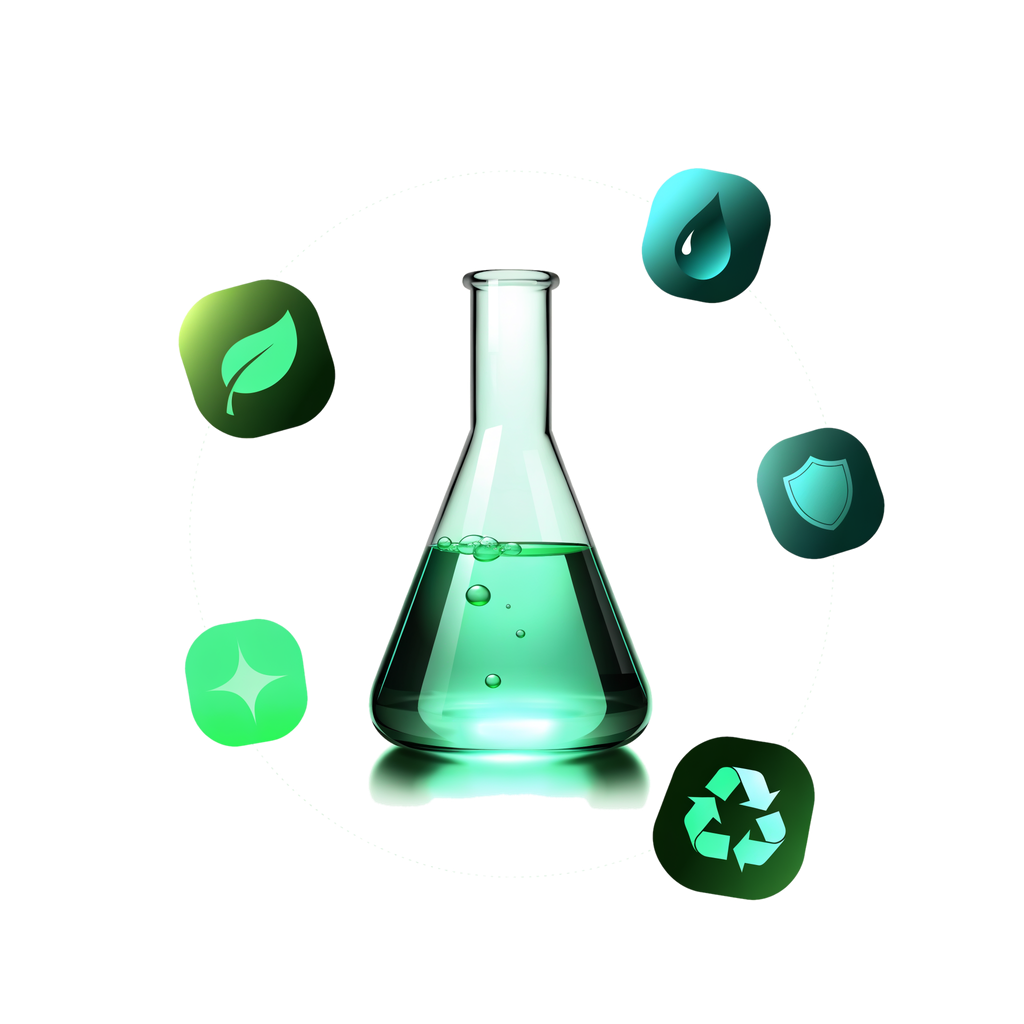 Durecon green-chemistry kolf omringd door iconen voor duurzaamheid, waterafstoting, oppervlaktebescherming, reiniging en recycling